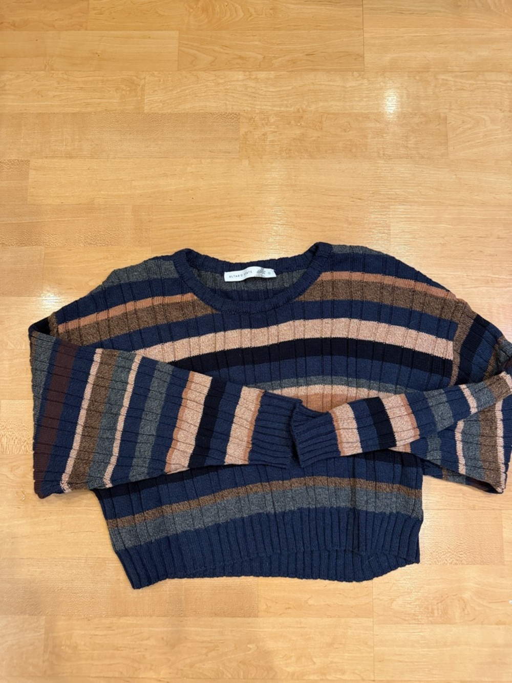 Altar'd State Navy, Tan & Gray Striped Ribbed Crew Sweater
